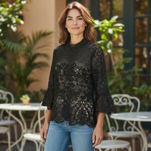BOLD ELEMENTS Blouse Womens M  Black Sheer Lace Back-Zip Bell‎ Sleeves Size M